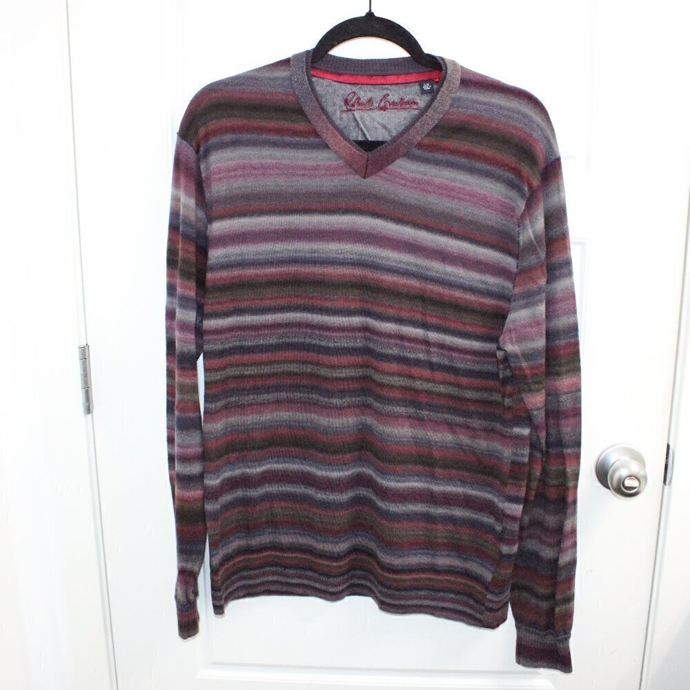 Robert Graham‎ 100% Wool Long Sleeve Sweater Striped Large v-neck
